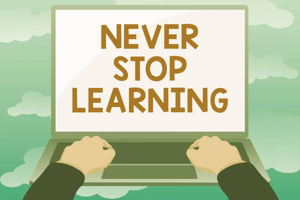 Legenda conceitual Never Stop Learning. Palavra Escrita sobre educação contínua e técnicas para ser competitivo Edição e formatação de artigos on-line, Digitação de conteúdo de leitura criativa — Fotografia de Stock