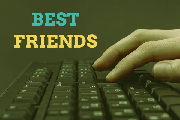 Text caption presenting Best Friends. Word for A person you value above other persons Forever buddies Hands Pointing Pressing Computer Keyboard Keys Typewriting New Ideas. — Stock Photo, Image