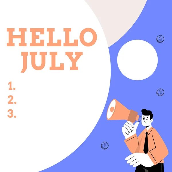 Conceptual caption Hello July. Internet Concept expression of excitement for the coming holiday month of vacation Abstract Displaying Different Typing Method, Keyboard Data Processing