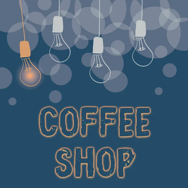 Kahve dükkanını gösteren metin başlığı. İş dünyası, öncelikle kahve servisi yapan bir restoran ve farklı fikirleri gösteren soyut yemekler sunar. Işıklar, entelektüel kavramları sunar. — Stok fotoğraf