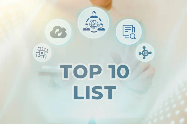 Exibição conceitual Top 10 List. Internet Concept the ten most important or successful items in a particular list Lady Holding Tablet Pressing On Virtual Button Showing Futuristic Tech. — Fotografia de Stock