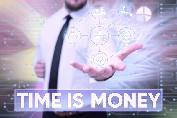 Podepsat zobrazení Time Is Money. Obchodní nápad čas je cenný zdroj Dělejte věci co nejrychleji Gentelman Uniform Standing Holding New Futuristic Technologies. — Stock fotografie