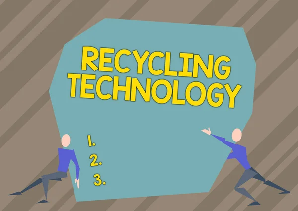 Schrijven met tekst Recycling Technologie. Zakelijk overzicht van de methoden voor het verminderen van vaste afvalstoffen Twee mannen Illustratie Proberen om Extra Grote Rock Om de weg vrij te maken. — Stockfoto