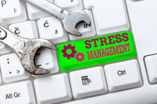 Conceptual caption Stress Management. Word Written on method of limiting stress and its effects by learning ways Compiling And Typing Online Research Materials, Sending Chat Messages