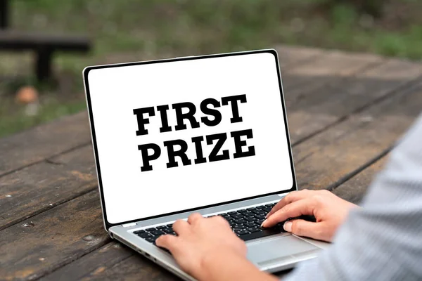 Sign displaying First Prize. Business idea most coveted prize that is only offered to the overall winner Voice And Video Calling Capabilities Connecting People Together