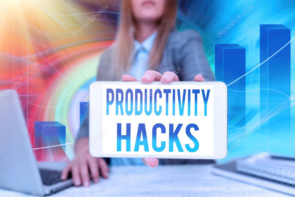 Hand writing sign Productivity Hacks. Business showcase tricks that you get more done in the same amount of time Business Woman Sitting In Office Holding Mobile Displaying Futuristic Ideas.