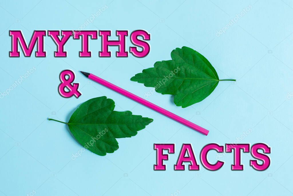 Conceptual caption Myths And Facts (en inglés). Palabra Escrito en la