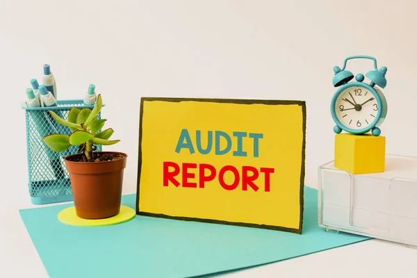 Conceptual display Audit Report. Business showcase An appraisal of complete financial status of a business Assets Tidy Workspace Setup Writing Desk Tools And Equipment Time Management — Stock Photo, Image