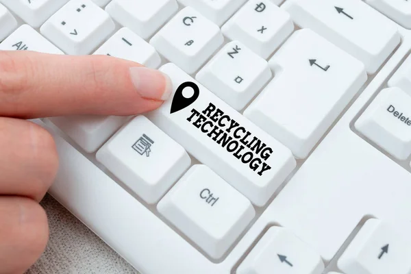 Text showing inspiration Recycling Technology. Business concept the methods for reducing solid waste materials Lady finger showing-pressing keyboard keys-buttons for update — Stock Photo, Image