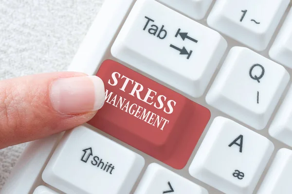 Conceptual caption Stress Management. Business showcase method of limiting stress and its effects by learning ways Typing Daily Reminder Notes, Creating Online Writing Presentation — Stock Photo, Image