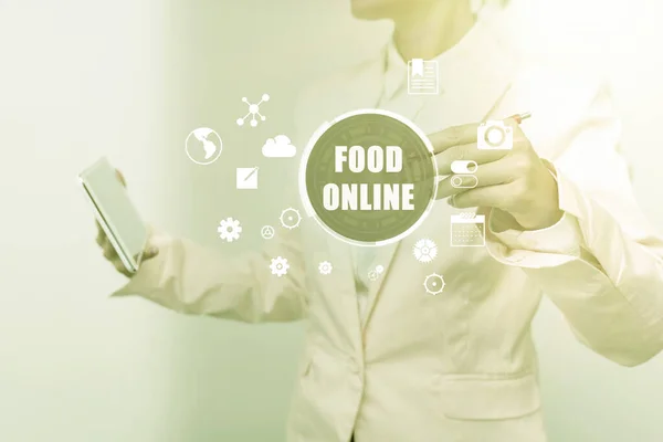 Text showing inspiration Food Online. Word Written on variety of food set up in a website directly delivered by store Business Woman Touching Digital Data On Holographic Screen Interface. — 图库照片