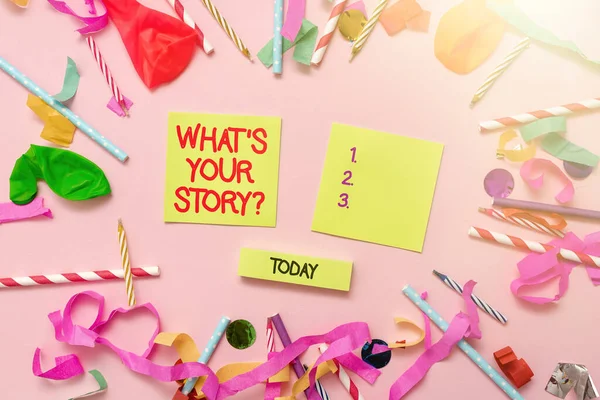 Conceptual caption What S Your Story Question. Business showcase Share or tell us your life experiences and success Colorful Party Collections Flashy Celebration Stuff Birthday Festival Kit