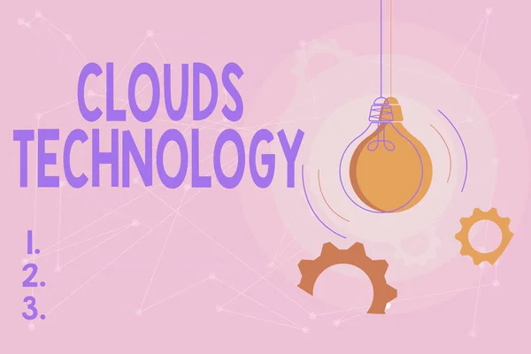 Schreiben von Textanzeigen Wolken Technologie. Über Ressourcen geschriebenes Wort wird aus dem Internet durch webbasiertes Kritisches und Logisches Denken, abstrakte, helle Ideen und Designs abgerufen. — Stockfoto