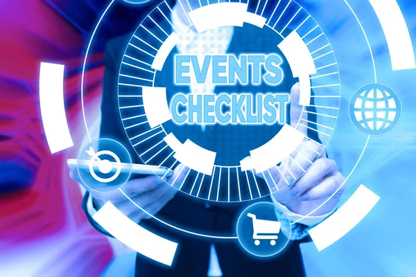 Writing displaying text Events Checklist. Business showcase invaluable tool for successfully managing your affair Lady In Uniform Holding Phone Pressing Virtual Button Futuristic Technology. — Stock Photo, Image