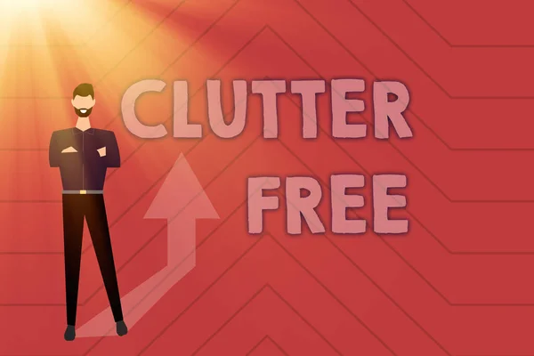 Вивіска, що відображає Clutter Free. Бізнес вітрина Добре організована і організована Tidy Всі речі в правильних місцях Збір онлайн-документів та інформації, введення та запис даних — стокове фото