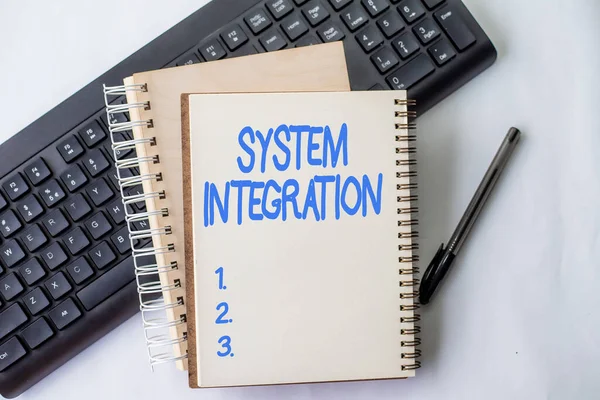 Text showing inspiration System Integration. Conceptual photo process of bringing together the component subsystem Two Plain Lined Spiral Notebooks With Pen And Keyboard On Table.