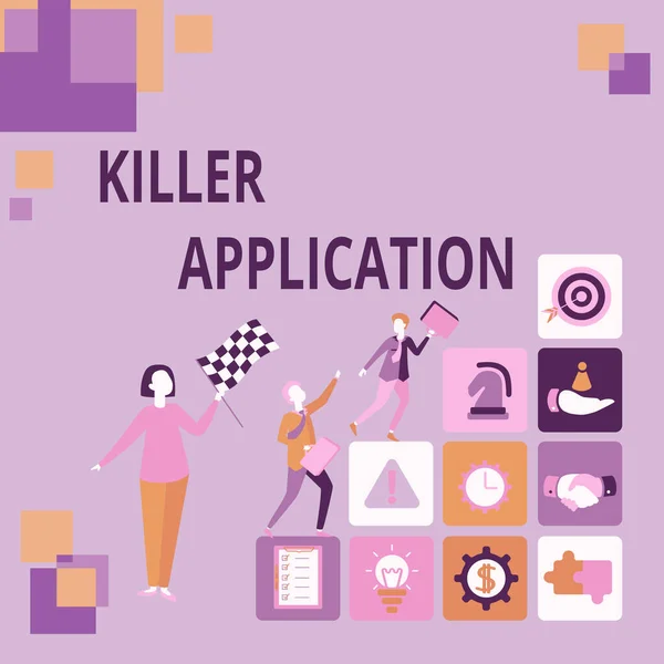 Текст, показывающий вдохновение Killer Application. Концептуальная фотография практически незаменима или намного превосходит конкурирующий продукт Преобразование воображения в печатных историй, регистрация нового счета — стоковое фото