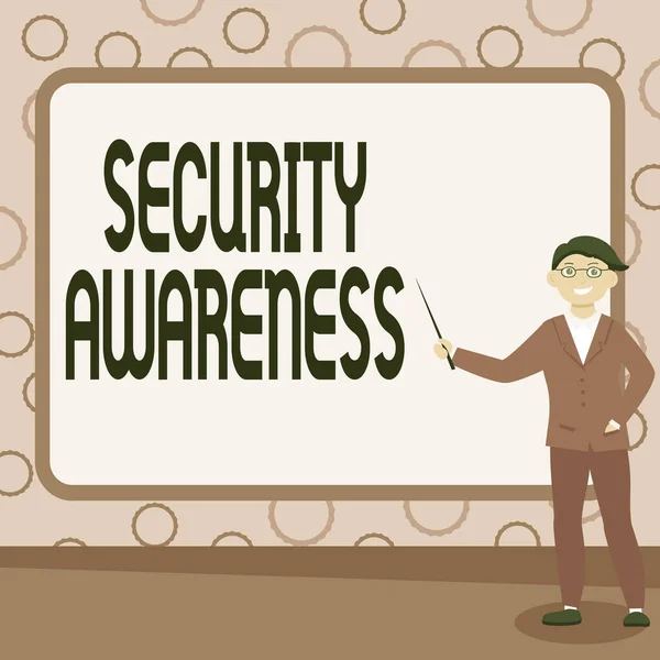 Text sign showing Security Awareness. Business idea educating employees about the computer security Abstract Professor Giving Lectures, Explaining And Reporting Concept