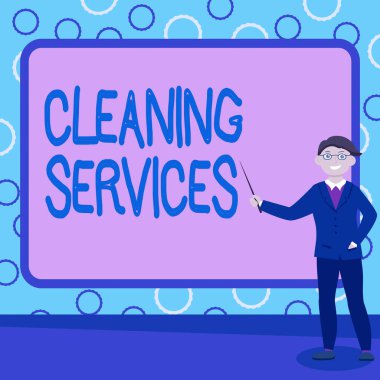 Mesaj ilham verici temizlik hizmetlerini gösteriyor. İnternet Konsepti çeşitli temizlik ve bakım görevleri yerine getirmektedir. Soyut Profesör Ders Verme, Açıklama ve Raporlama Konsepti