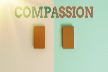 İlham göstergesi Şefkat. Kavramsal fotoğraf empati ve diğer iki nesnenin acıları ve talihsizlikleri için endişeyle ayrılmış renkli bir arkaplanda dışa dönük bir şekilde.