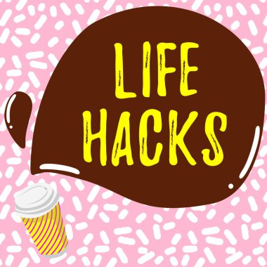 Yaşam Hackerlarını gösteren ilham. Ticari fikir stratejisi veya etkinlikleri verimli bir şekilde yönetmek için benimsenen teknik Renkli Tasarım Görüntüleme İletisi, Soyut Kahve Dükkanı Menüsü