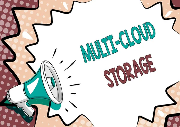 Концептуальный заголовок Multi Cloud Storage. Использование многократных облачных вычислений и услуг хранения Красочный дизайн Отображение важного сообщения, Аннотация — стоковое фото