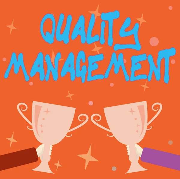 Handschrift Kwaliteitsmanagement. Woord voor toezicht op en behoud van een gewenst niveau van excellentie Abstract Victory Reward Ceremony, Celebrating New Winner Concept — Stockfoto