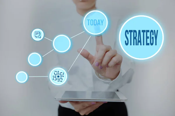 Handwriting text Strategy. Business showcase action plan or strategy designed to achieve an overall goal Lady Holding Tablet Pressing On Virtual Button Showing Futuristic Tech. — Stock Photo, Image