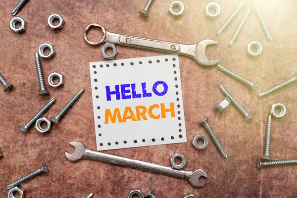 A Hello March kijelzője. Business overview a greeting expression used when welcoming the month of March Új ötletek Brainstoming For Maintenance Planning Kreatív gondolkodás — Stock Fotó