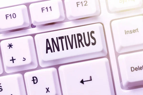 Text caption presenting Antivirus. Business approach suitable for the detection and removal of computer viruses Typing And Publishing Descriptions Online, Writing Informative Data Stock Image