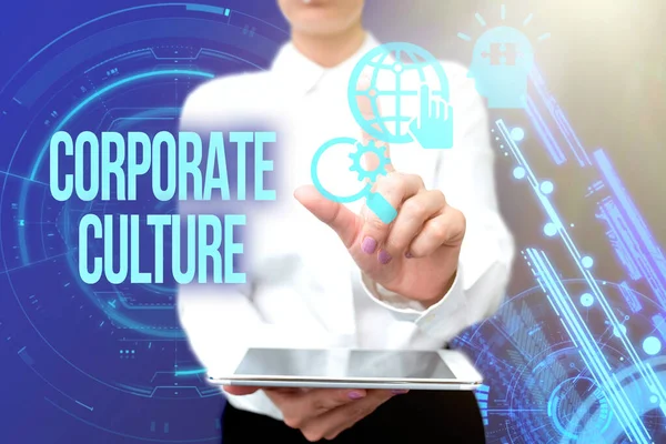 Text showing inspiration Corporate Culture. Business concept beliefs and attitudes that characterize a company Lady In Uniform Standing Hold Phone Virtual Press Button Futuristic Tech.