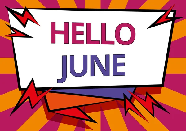 Psaní textu Dobrý den, June. Obchodní nápad nový měsíc plánovat své aktivity pro zábavu a dobrodružství Abstraktní zobrazení Naléhavé poselství, Nové oznámení Informace — Stock fotografie