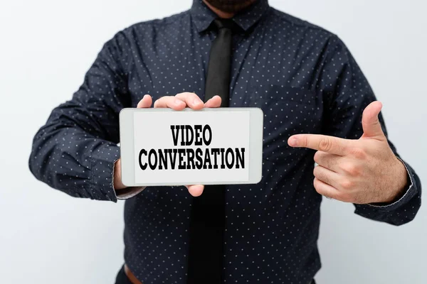 Conceptuele bijschrift Video Conversation. Woord voor visueel communiceren met een andere persoon via computer Nieuwe Technologie Ideeën presenteren Discussie over Technologische Verbetering — Stockfoto