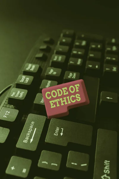 Teken met Code of Ethics. Woord voor basisgids voor professioneel gedrag en legt taken op Abstract Tips voor het schrijven van verhalen geven, Online Boekhouden aanbieden — Stockfoto