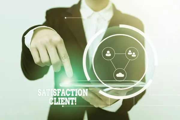 Handwriting text Satisfaction Client. Conceptual photo benefits which customers get from purchasing products Lady In Suit Pointing On Tablet Showing Futuristic Graphic Interface. — Stock Photo, Image