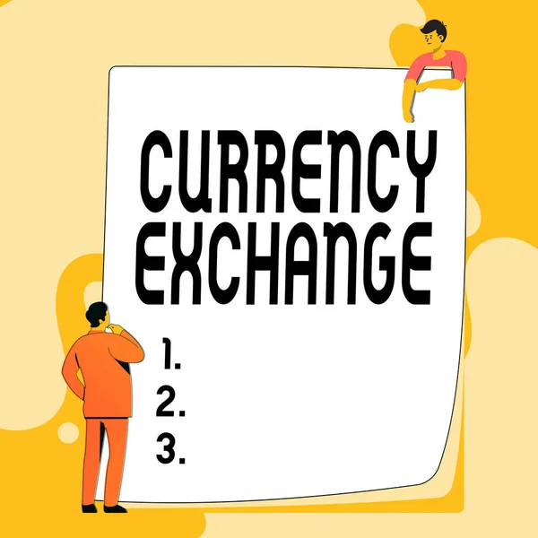 Text sign showing Currency Exchange. Word for rate at which one currency will be exchanged for another Typing And Filing Office Documents, Creating Work Related Files — 스톡 사진