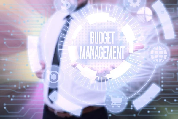 Conceptual caption Budget Management. Business idea designing and implementing budget processes of a person Gentelman Uniform Standing Holding New Futuristic Technologies.