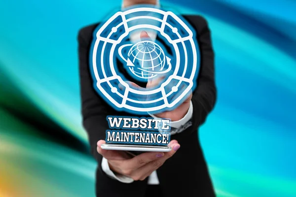 Inspiration showing sign Website Maintenance. Business idea act of regularly checking your website for issues Lady In Uniform Holding Tablet In Hand Virtually Tapping Futuristic Tech.