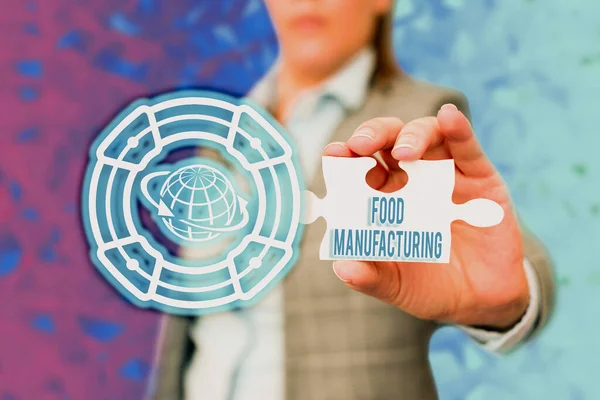 Sign displaying Food Manufacturing. Business idea transformation of agricultural products into food Business Woman Holding Jigsaw Puzzle Piece Unlocking New Futuristic Tech.