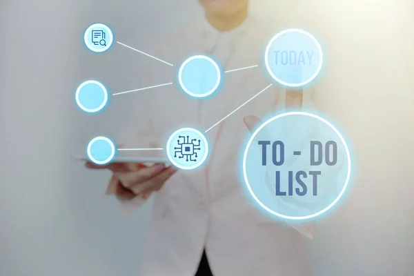 Hand writing sign To do List. Business approach a list of tasks to complete and organize according to priority Lady Holding Tablet Pressing On Virtual Button Showing Futuristic Tech. — Stock Photo, Image