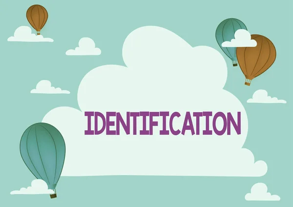 Sign displaying Identification. Business approach an action or procedure to identify someone or something Hotair Balloon Illustration Flying Clouds Reaching New Destinations — 스톡 사진