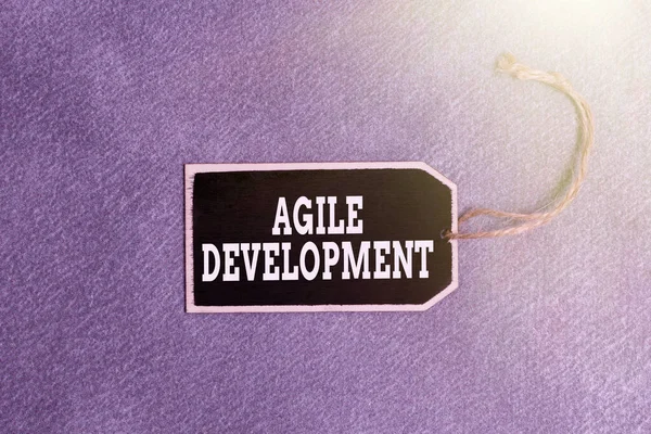 Writing displaying text Agile Development. Concept meaning alliance between selforganizing crossfunctional team Collection of Blank Empty Sticker Tags Tied With A String For Information Label Sign — ストック写真