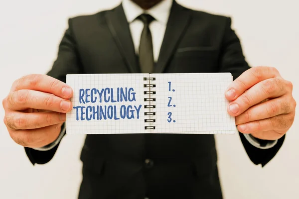 Hand writing sign Recycling Technology. Business concept the methods for reducing solid waste materials Presenting New Plans And Ideas Demonstrating Planning Process — Stock Photo, Image
