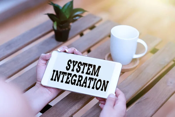 Text sign showing System Integration. Business concept process of bringing together the component subsystem Voice And Video Calling Capabilities Connecting People Together — ストック写真