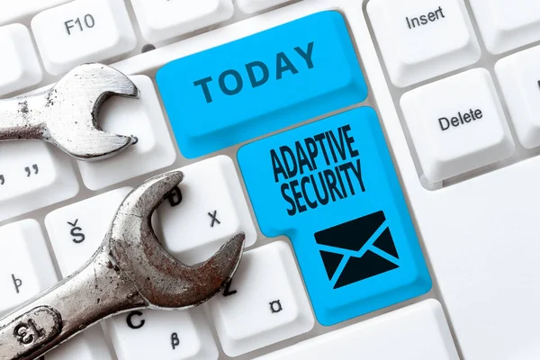 Text caption presenting Adaptive Security. Business showcase analyzes behaviors and events to protect against threat Typing Engineering Lessons And Lectures, Fixing Broken Technology Concept — ストック写真