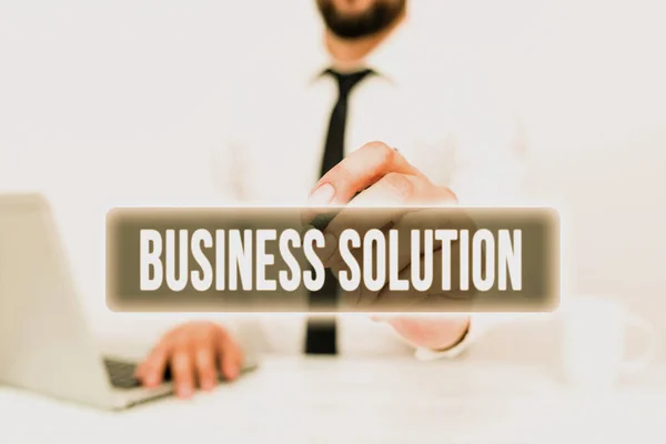 Tekst met inspiratie Business Solution. Zakelijke aanpak ideeën die worden gebruikt om een bedrijf te helpen zijn doelstellingen te bereiken Remote Office Work Online Presenteren Business Plan And Designs — Stockfoto