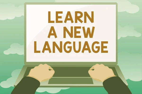 展示符号的灵感学习一门新语言。用第二语言或外语在网上编辑和形成文章、输入创造性阅读内容的网络概念能力 — 图库照片