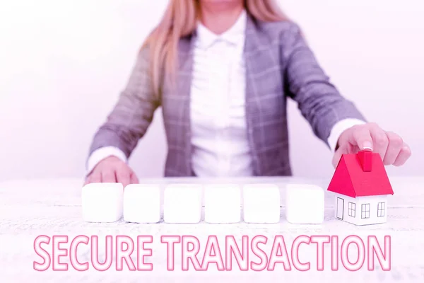 Hand writing sign Secure Transaction. Business overview a transaction intended to create a security interest A Young Lady Orbusinesswoman Holding Orpresenting Home In Business Outfit