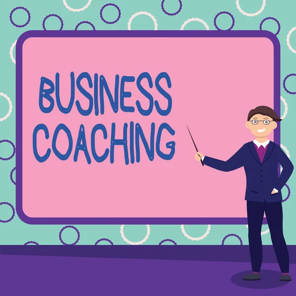 Conceptuele bijschrift Business Coaching. Business showcase die ondersteuning en incidenteel advies biedt aan een individuele Abstract Professor Lezingen geven, uitleggen en rapporteren Concept — Stockfoto