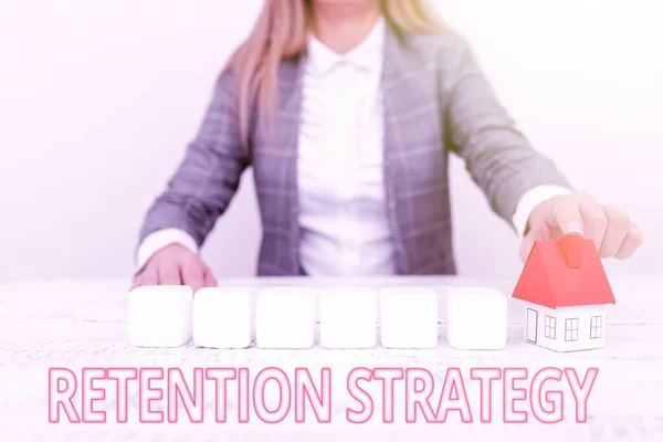 Tekst met inspiratie Bewaarstrategie. Woord voor activiteiten om personeelsverloop en uitputting te verminderen Een jonge dame Orzakenvrouw Holding Orpresentation Home In Business Outfit — Stockfoto